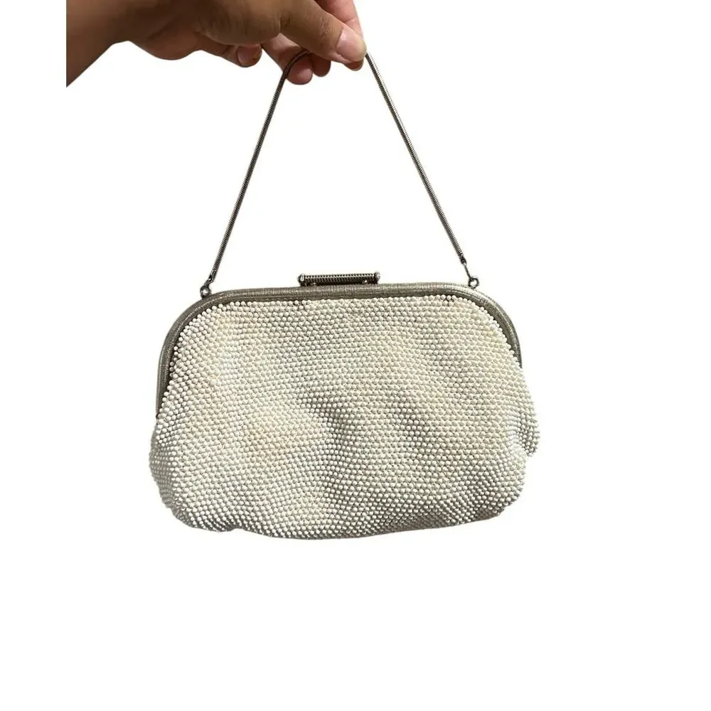 Vintage 1950s Beaded Rose Lumured Reversible Dainty Girlcore Romantic Clutch Bag